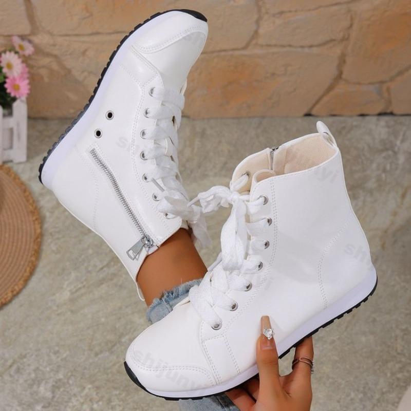 Spring Autumn Women's Short Boots Fashion Side Zipper Lace-Up High-Top Sneakers Soft Microfiber Leather Ankle Boots Women Shoes