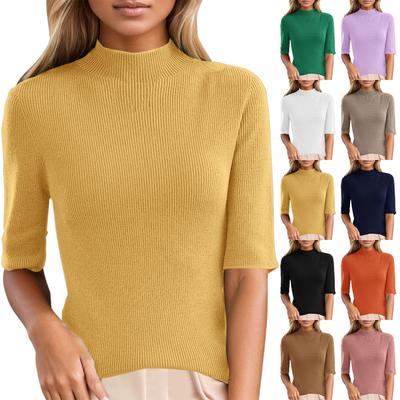 Fashion Half High Neck Solid Color Medium Sleeve Knitted Short Sleeve Woman