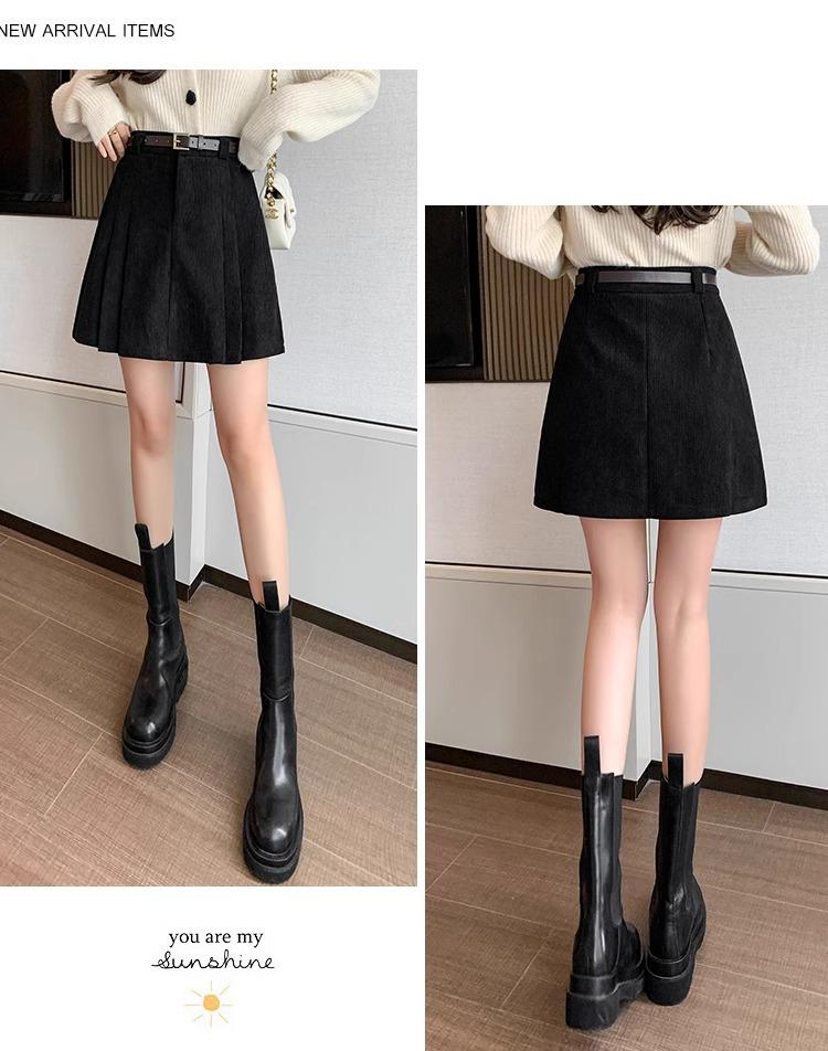 2024 Black High-Waisted Corduroy A-Line Pleated Mini Skirt - Retro Autumn Anti-Exposure Midi.