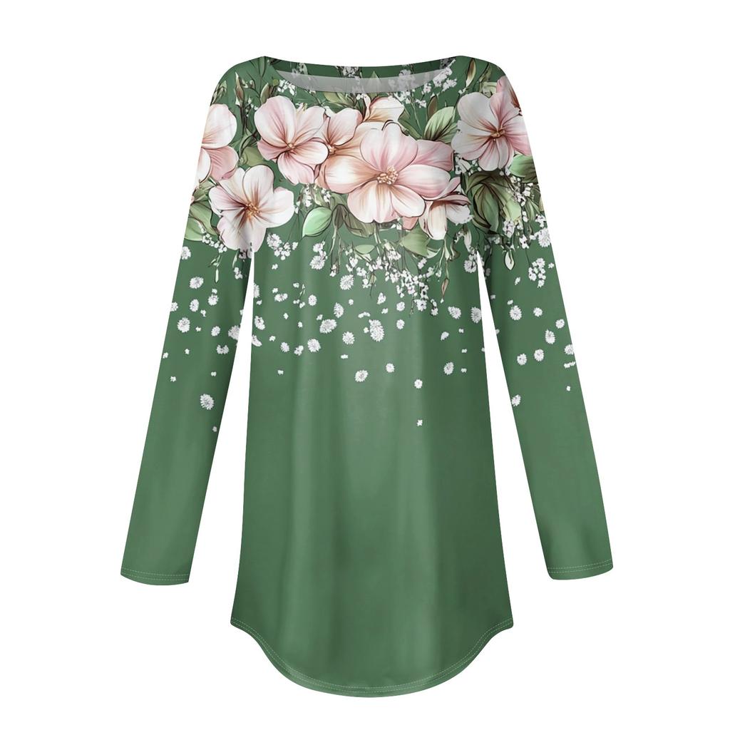 Women's Loose Round Neck Print Long Sleeve T-Shirt Top Pullover