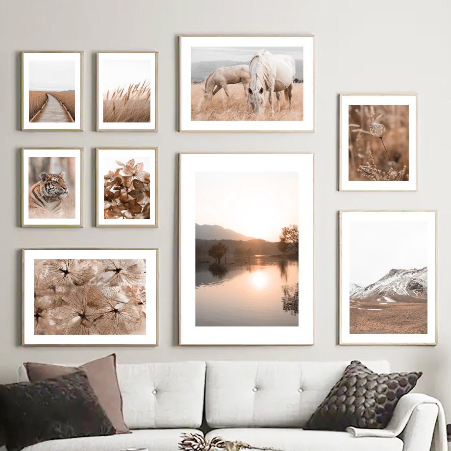 Mountain Calm Lake Tiger Horse Weed Dried Flowers Wall Art Prints Canvas Painting Nordic Poster Decor Pictures For Living Room