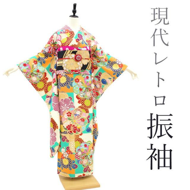 

[Used] Furisode, recycled kimono, pure silk, sash, gold piece embroidery, gold-colored processing, green, off-white, orange, checkered, plum,