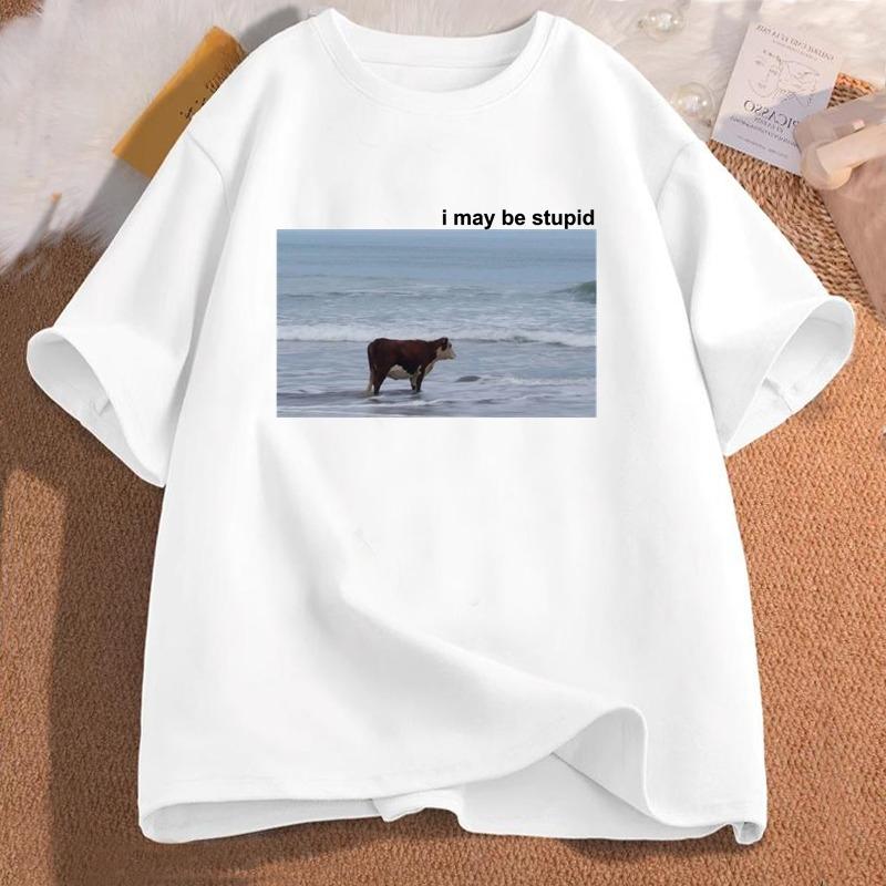 Ich bin vielleicht eine dumme Kuh am Strand Lustiges Meme T-Shirt Baumwolle Kurzarm Damenmode Rundhals-T-Shirt Lässiges Gemütliches Baumwoll-T-Shirt