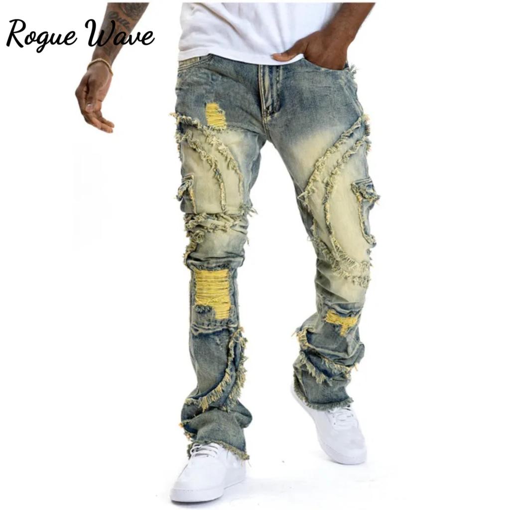 RogueWave Men Ripped Stacked Jeans Distressed Slim Fit Skinny Straight Leg Jeans Fashion Hip Hop Denim Pants Casual Streetwear