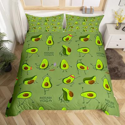 Bettbezug-Set mit Obstmotiv, süßes Cartoon-Avocado-Dekor, 3-teiliges Bettwäscheset mit 2 Kissenbezügen, Queen-Size-King-Size-Bett, Paprikagrün