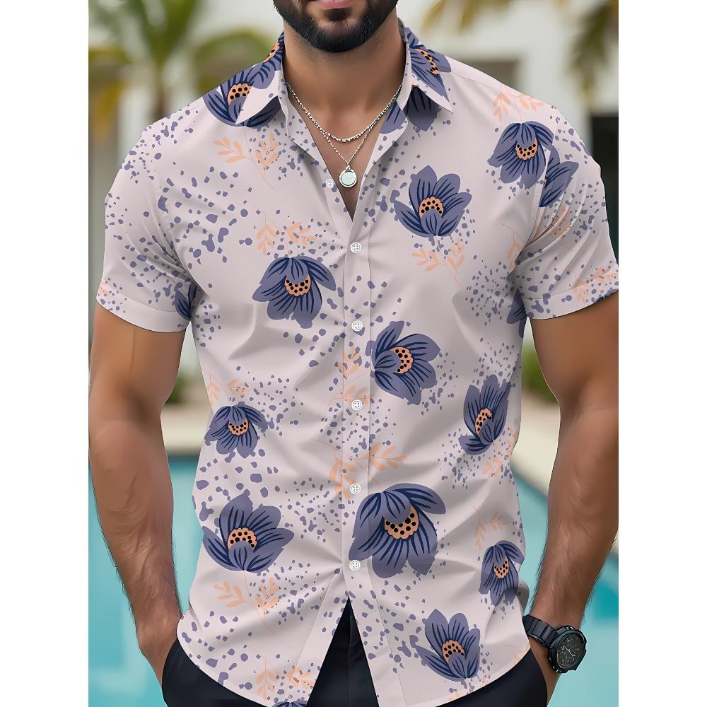 2026 Summer New Style Men's Short-Sleeved Shirt with 3D Flower Pattern Print Street Casual Fashion Comfortable and Soft
