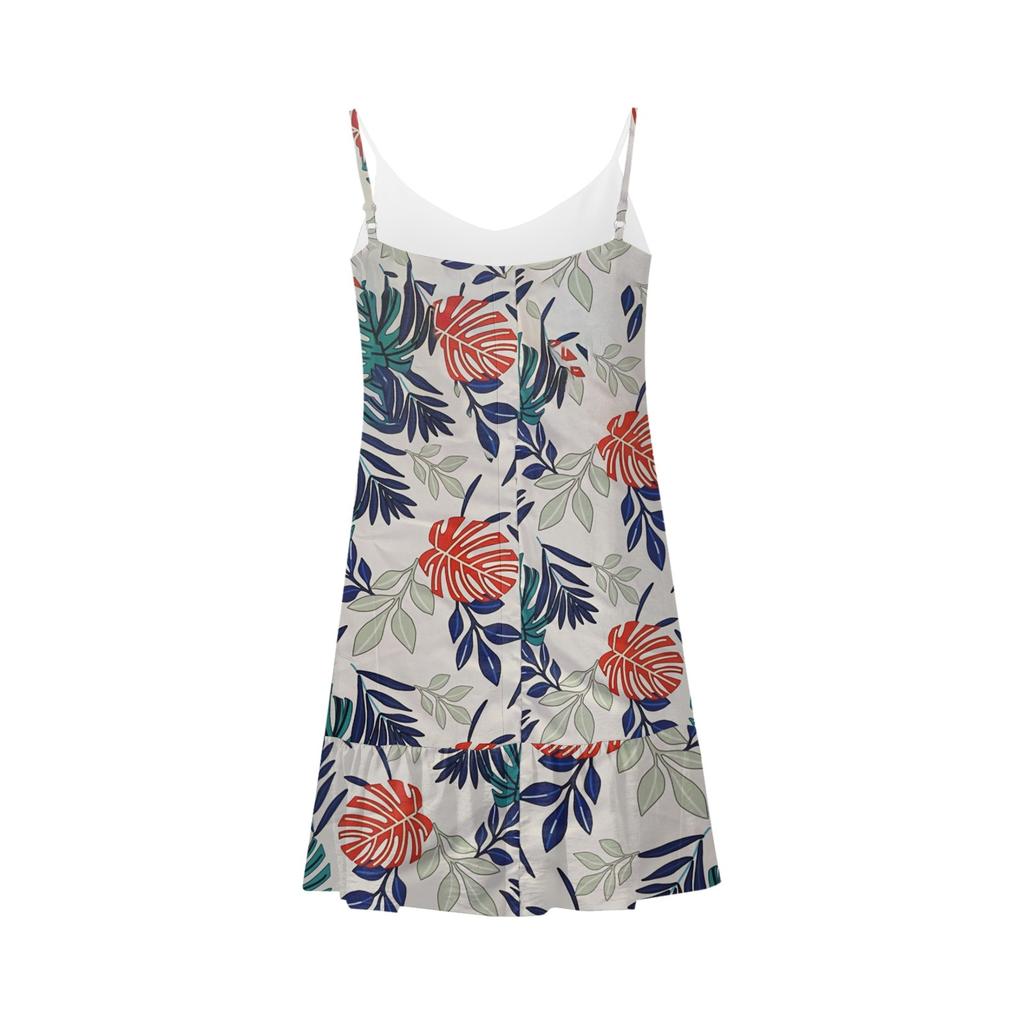 Women's Fashion Casual Print V Neck Strappy Beach Dress (Adjustable Straps)