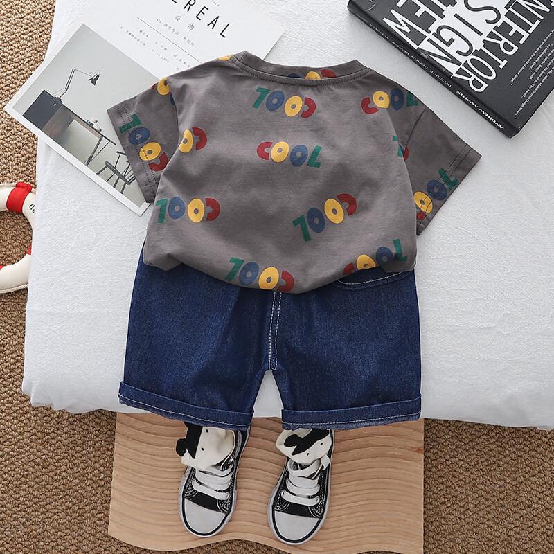 0-5 years old baby clothes casual suit summer new boys full of letters T-shirt denim shorts two-piece set fashion cotton