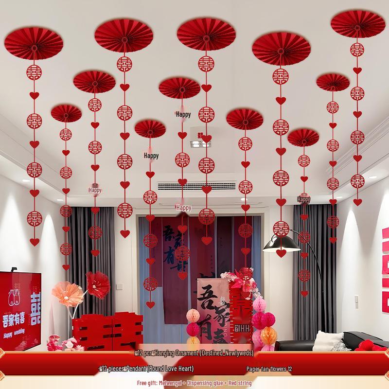 Wedding Décor: Double Happiness Paper Cut Ornaments for Ceiling and Walls, Festive Butterfly Pull Flowers for Bedrooms and Living Rooms