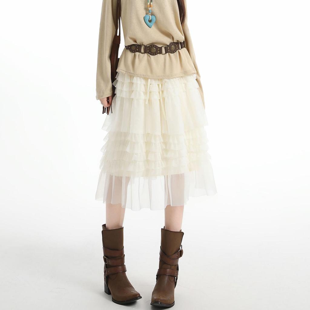 Korean Women's Layered Drawstring Mesh Skirt - Niche Design Fluffy Gauze Mid-Skirt