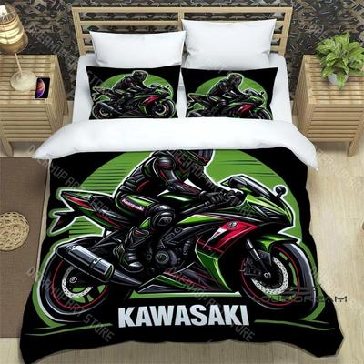 Ensemble de literie Impression Rétro 3D Logo Moto K-Kawasaki Ensemble de literie Élégant Housse de couette Housse de couette Lit Cadeau d'Anniversaire de Luxe