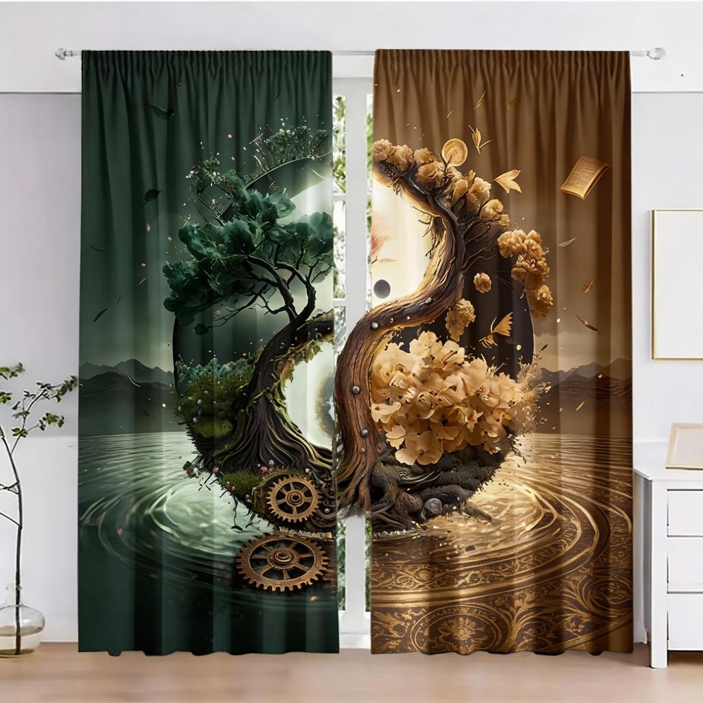 2pcs, Polyester Material, High-definition Digital Printing Two-color Splicing Landscape Pattern Print, Light Filtering Curtain,