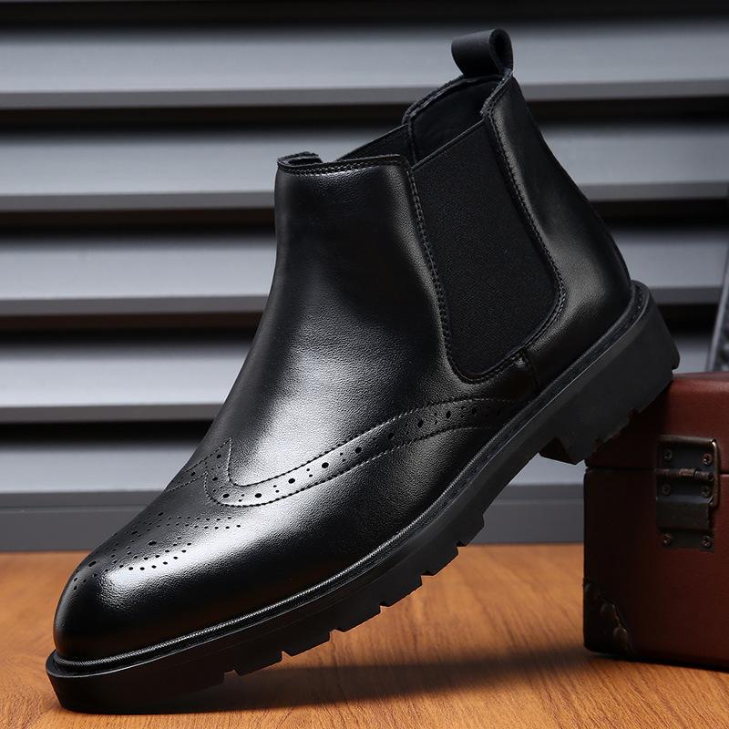 British Chelsea Short Boots Men's Gloves Martin Boots Fleece Versatile Brock Carved Business High Top Leather Boots