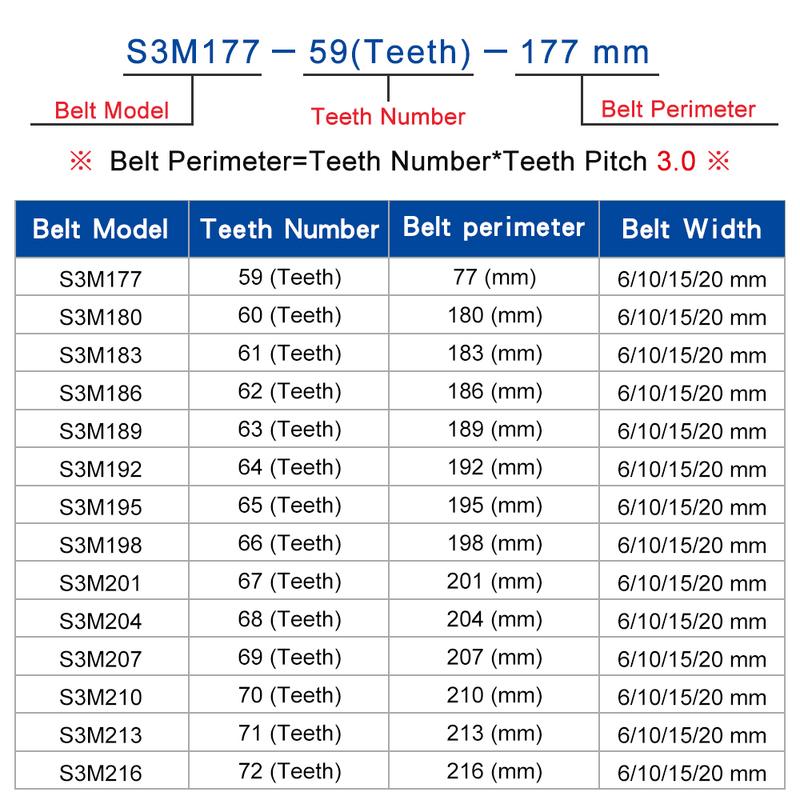 Pulley Belt S3M177 180 183 186 189 192 195 198 201 204 207 210 213 216  3 mm Teeth Pitch Synchronous Belt 6/10/15/20 mm Width