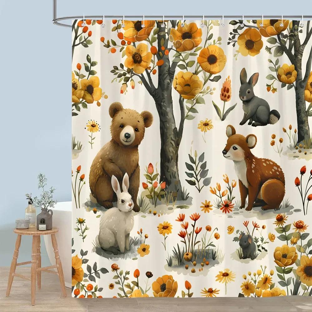 Cute Forest Animals Shower Curtain Winter Snow Fox Red Bird Deer Bear Rabbit Polyester Shower Curtains Bathroom Decor with Hooks