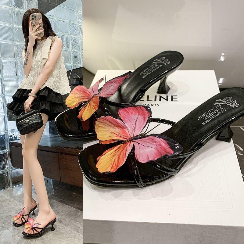 French Small Sandals Fashion Vacation High Heel Drag Niche Design Sense 2025 New Butterfly Thick Heel Shoes Women's Summer Wear