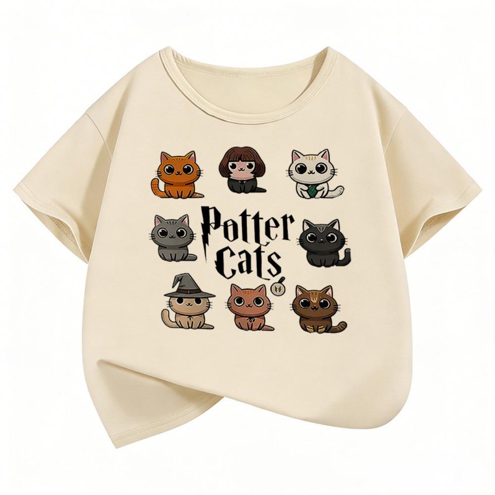 

Potter Cat Graphic Kids Tshirts Summer Short Sleeve Tees Cartoon Animal Boys Girls Clothes Kawaii Tops Y2K Children T-shirt 110