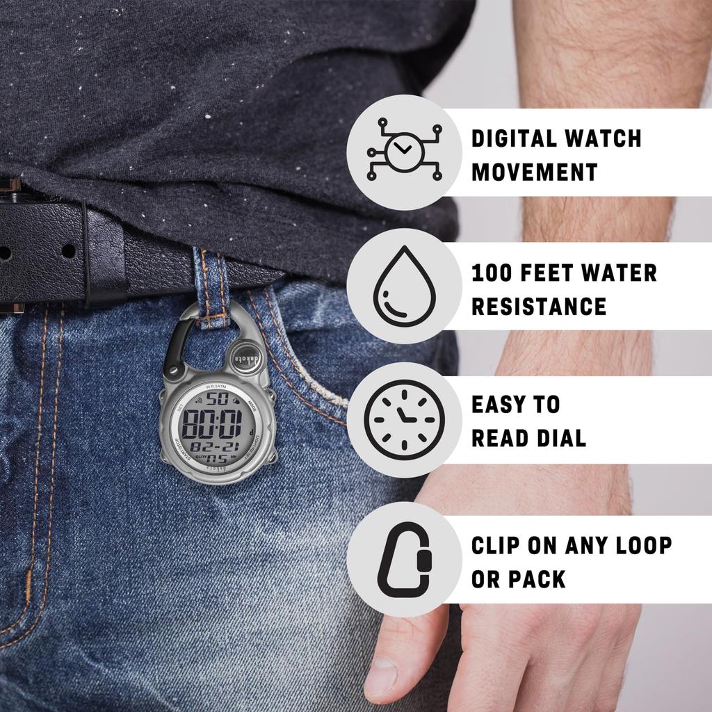 Dakota Digital Mini Clip Pocket Watch with Waterproof and Perfect for Outdoor Activities Like and with and Alarm Carabiner, Lightweight, Camping,