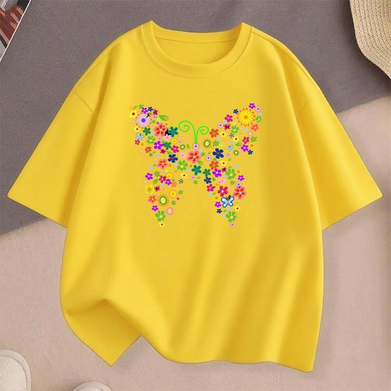 

Подростковая футболка с принтом красочных бабочек, летняя повседневная милая модная футболка с круглым вырезом и коротким рукавом, детские топы, одежда, футболка 3XL жёлтый