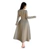 European autumn new solid color round neck front shoulder long sleeve waist thin fashion medium and long dress