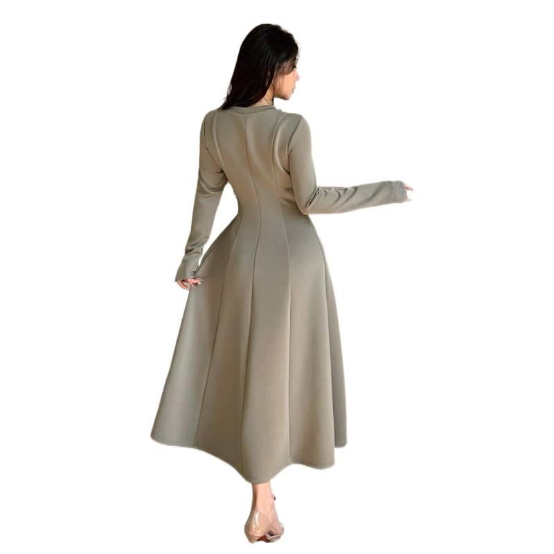 European autumn new solid color round neck front shoulder long sleeve waist thin fashion medium and long dress