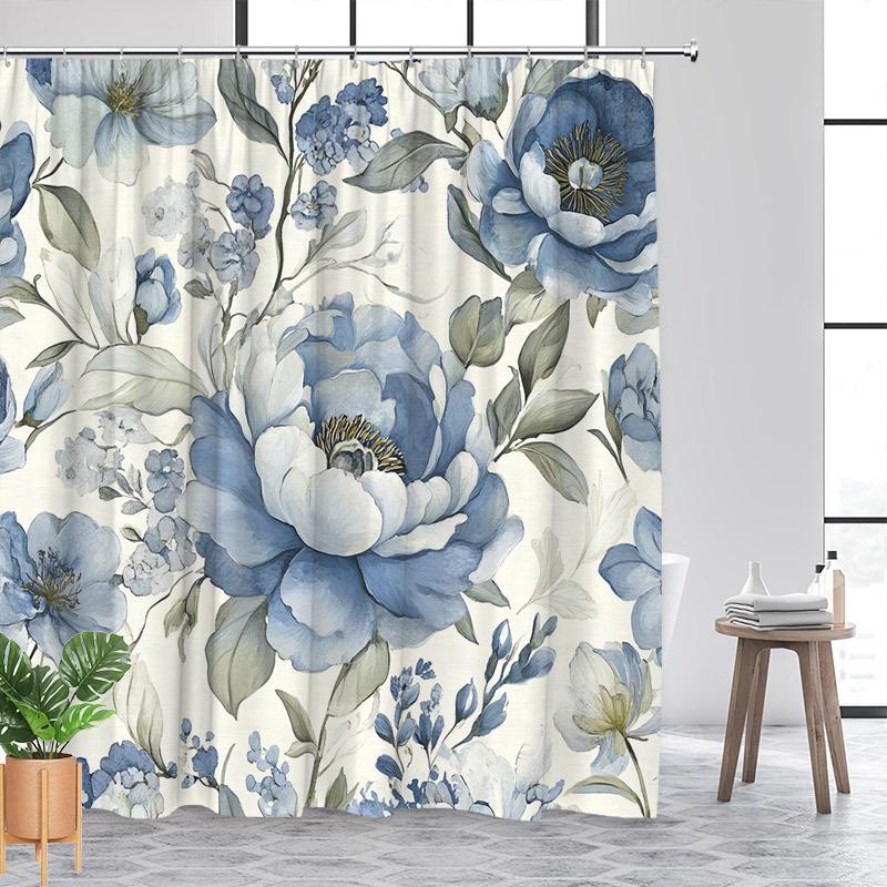 Tranquil Blue Flower Shower Curtain - Elegant Watercolor Flower Wall Hanging Living Room, Bedroom Decoration - Tranquil