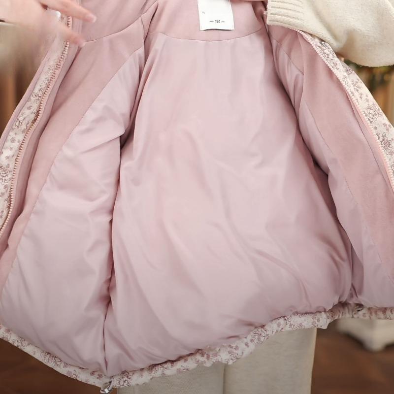 Girls Floral Print Hooded Cotton Jacket Warm Winter Coat Thickened Soft Outerwear