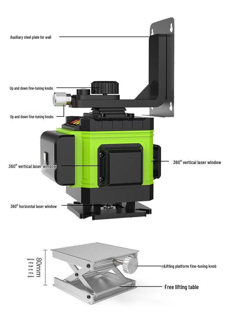 High-Precision Laser Level with Green Light, 12-16 Lines, for Walls and Floors, Automatic Leveling