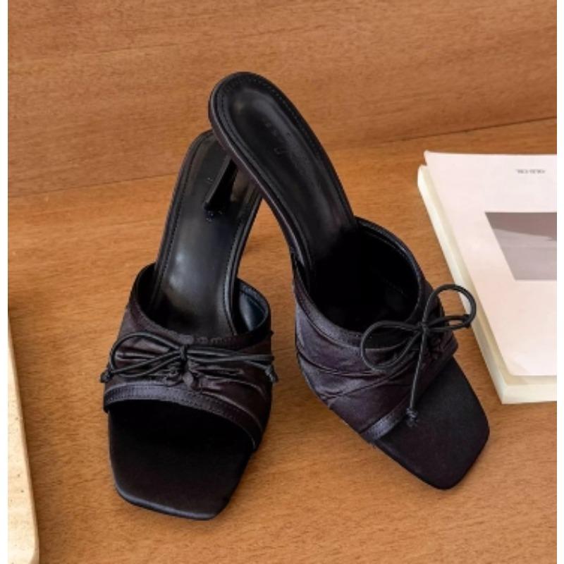 New Summer Women Square Toe High Heel Slippers Fashionable Butterfly-knot Dress Slide Ladies Evening Party Sandals Zapatos Mujer