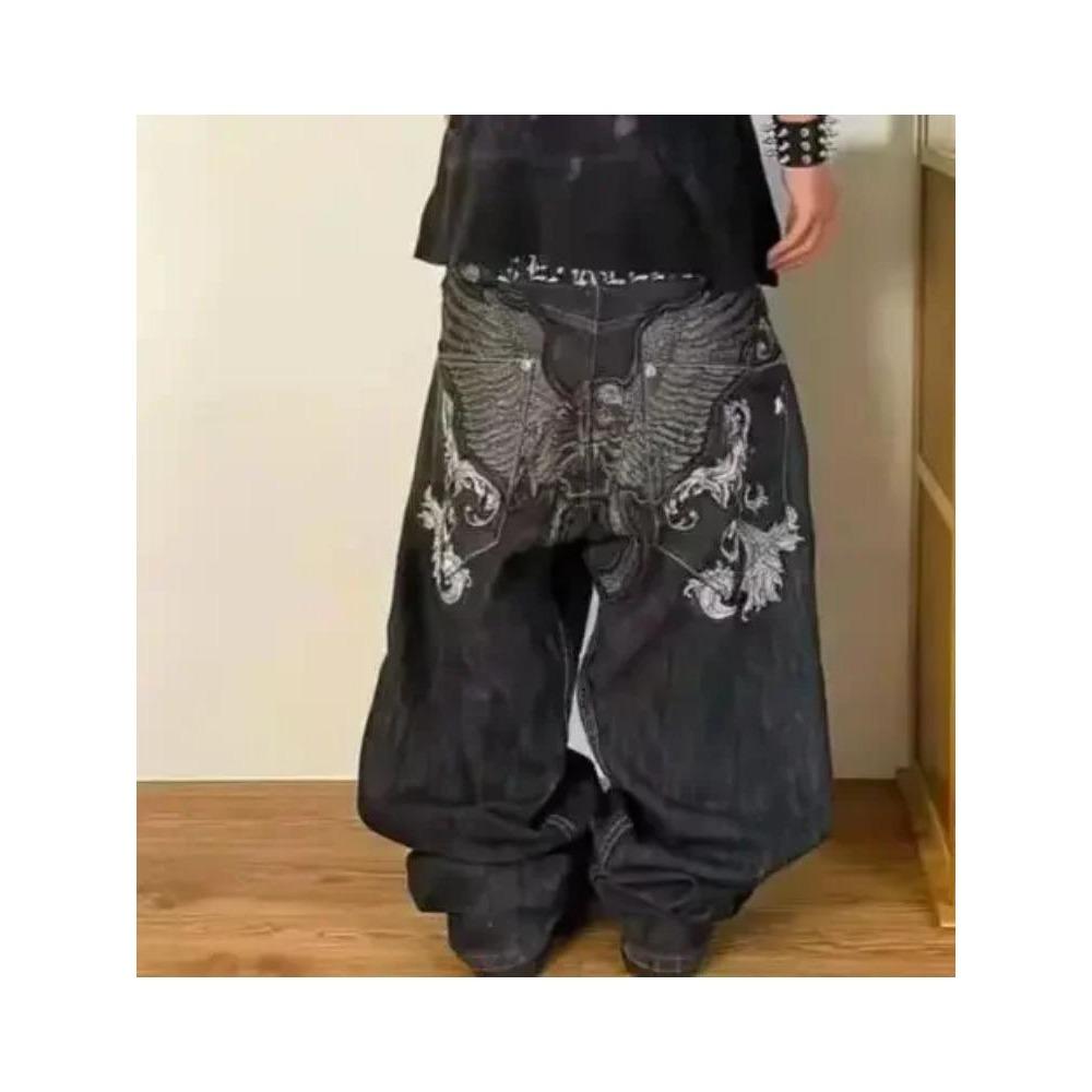 LUXEON American Retro High Street Y2K Personalized Patchwork Letter Embroidered Jeans Gothic Fashion Wide-leg Denim Trousers