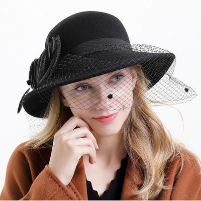 Elegant French Hepburn-Style Mesh Wool Felt Fedora Hat for Women - Large Brim, Perfect for Autumn/Winter