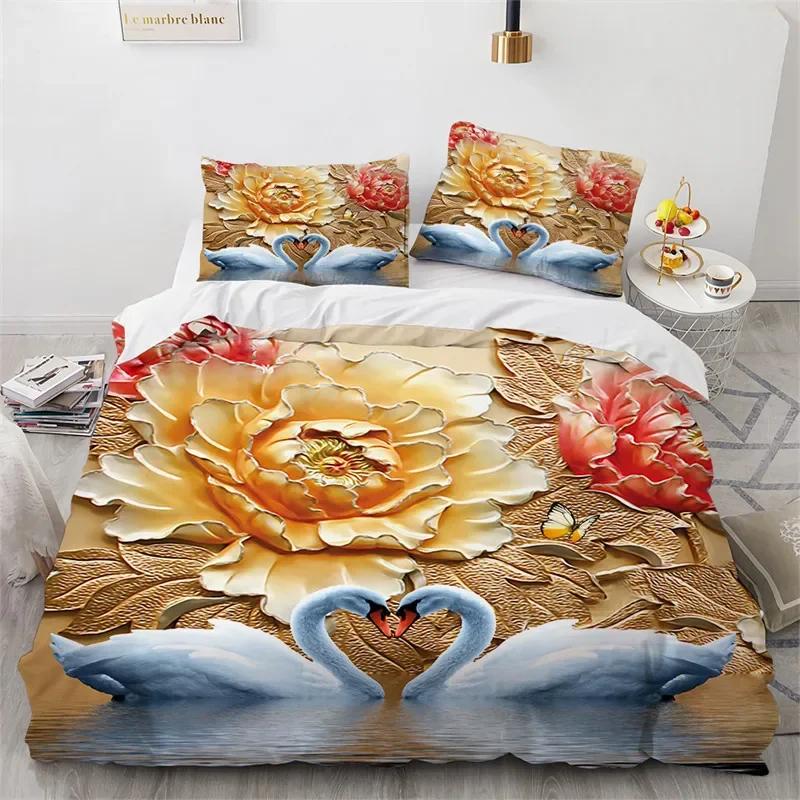 Comforter Romantic Swan Microfiber Flower Bedding Set Wild Animals Twin King For Girls Teen Adults Bedroom Decor