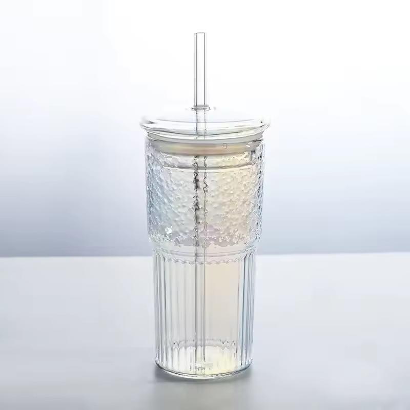 600Ml Large Capacity Stripe Glass Cup With Lid And Straw Transparent Drinking Glasses Water Cup Outdoor Drinkware Mug