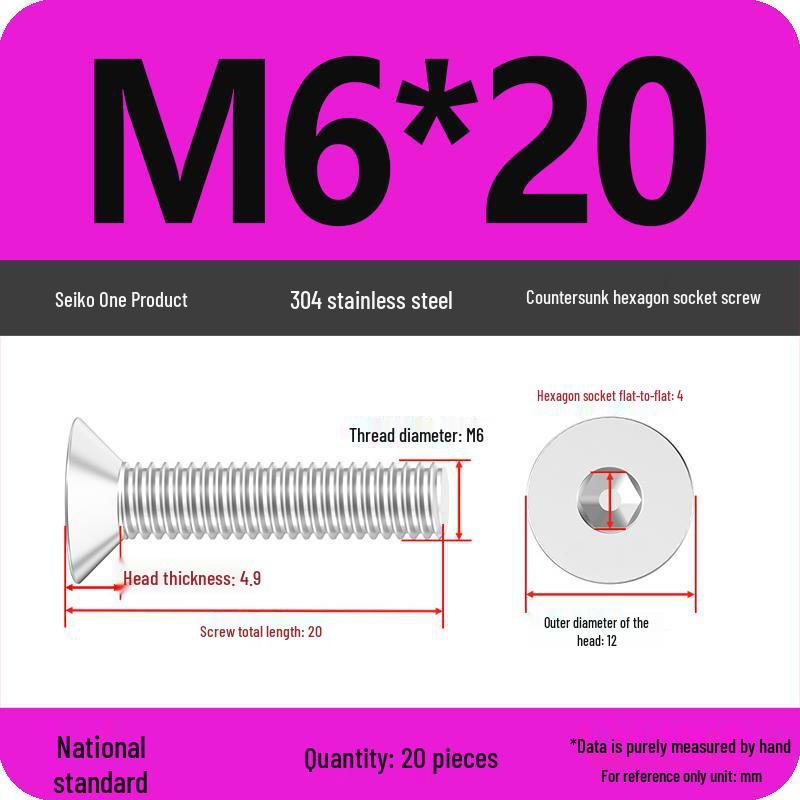 M2-M10 Stainless Steel Flat Head Machine Screws and Bolts Set, Countersunk Hex Socket Cap, 304 Grade.