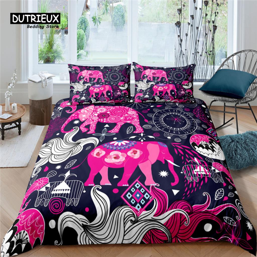 Home Living Luxury Elephant Boho Print 2/3Pcs Soft Duvet Cover Pillowcase Queen And King Size Kids Bedding Set Eu/Us/Au Size