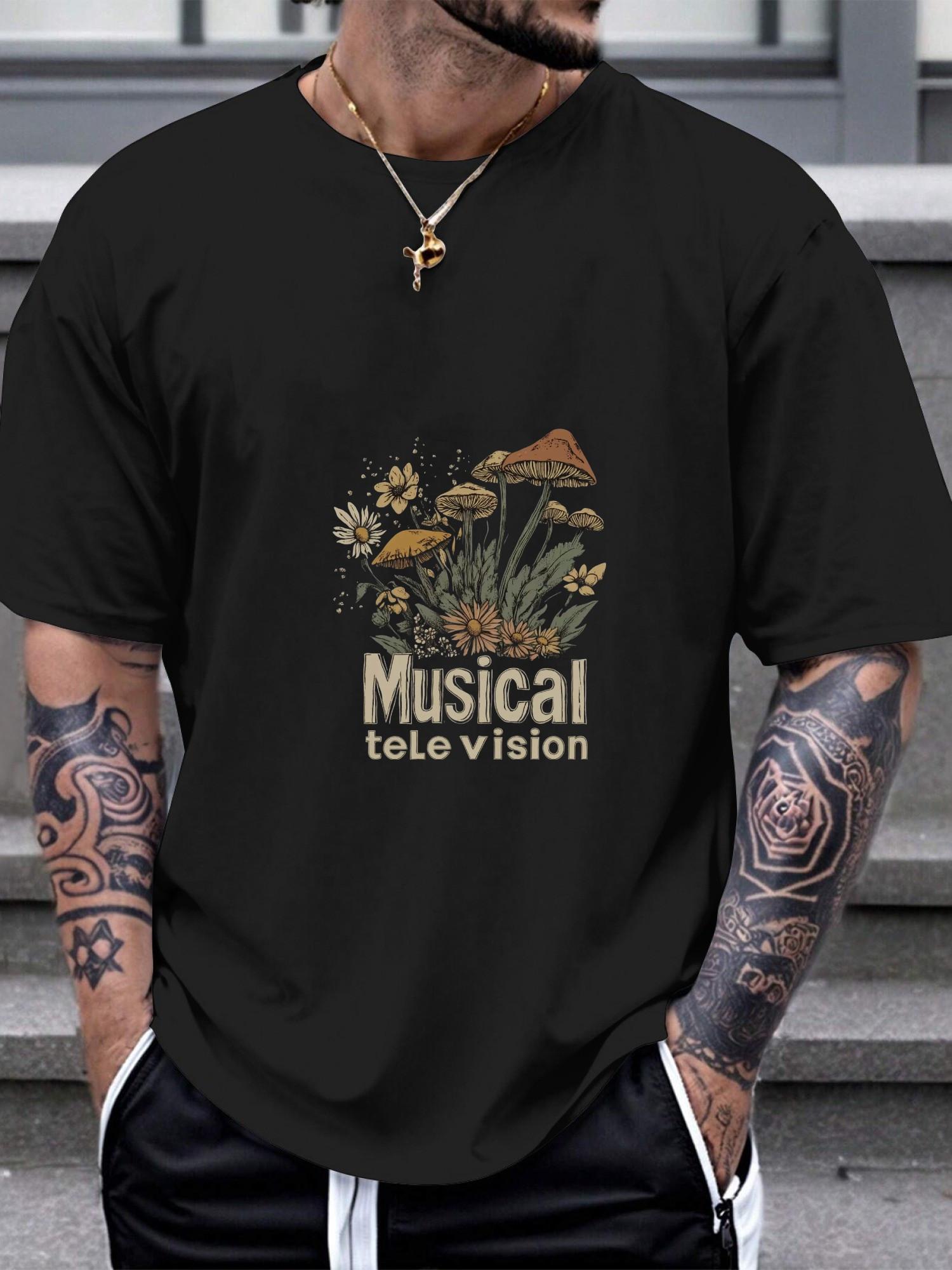 1pc Trippy Graphic T-shirt - Black Wildflower & Mushroom Art with Musical Television Text S