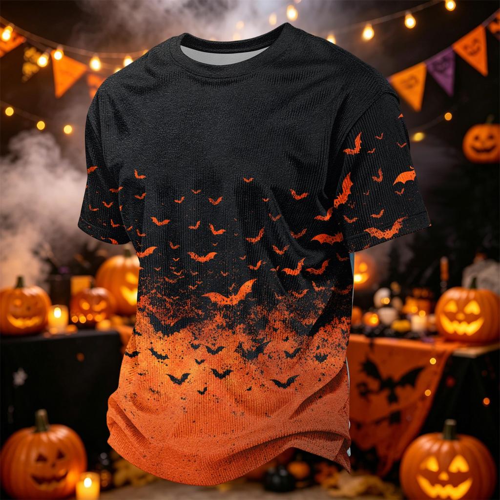 Men's Casual Corduroy Short Sleeve T-Shirt Lightweight Breathable Round Neck Halloween Pumpkin Print Top Comfortable Fit