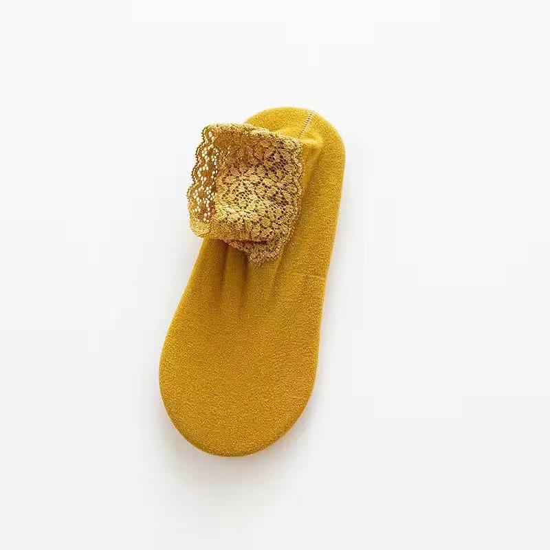 Warme Wadenlange Damensocken mit Spitzenbesatz - Dick, Kältebeständig, Rutschfestes Silikon, Bequeme Herbst-/Winter-Haussocken für den Boden