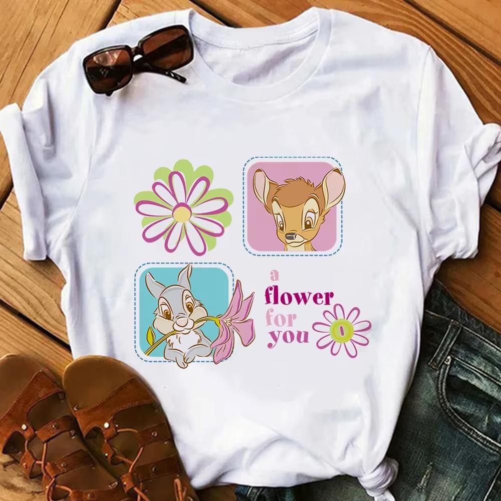 Cartoon Cute Bambi Printed T Shirt Fashion Women Casual Short Sleeves Streetwear Tshirt Summer Harajuku Tshirts Tops