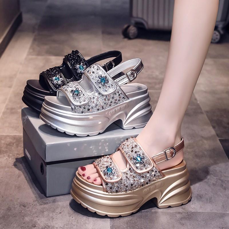 Fashion Silver Sequin Sandals Women's 2025 Summer New Open Toe Heightened Platform Slippers