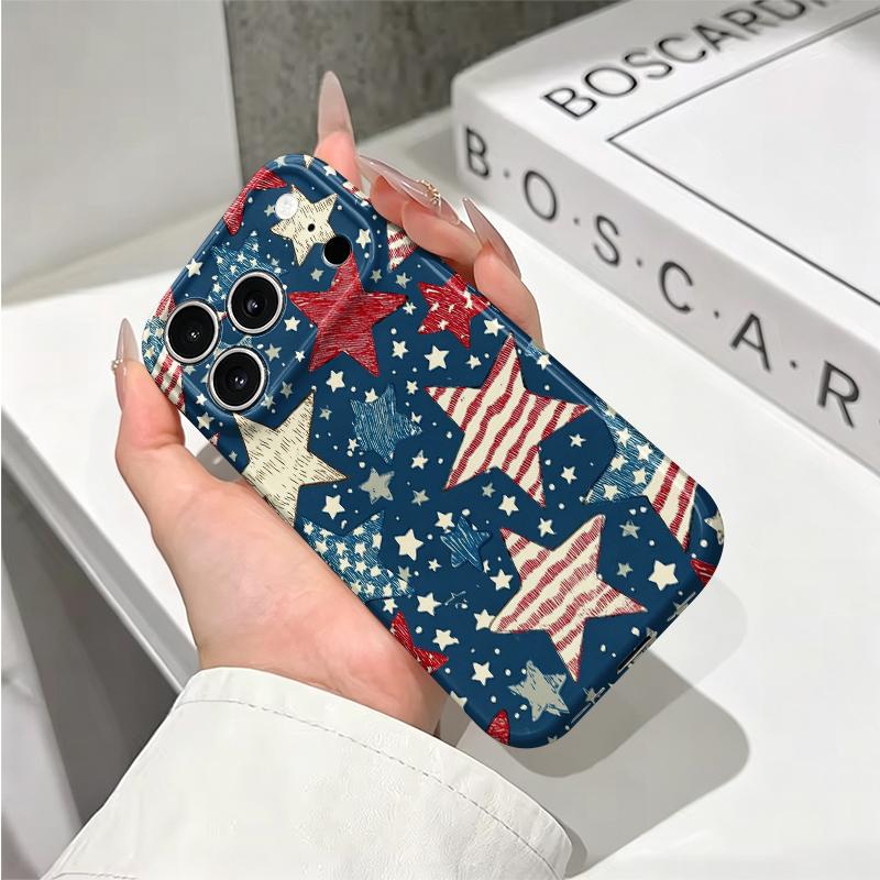 Patriotic Vintage Red White Blue Star Pattern Art Film Aesthetic Protective Shockproof Bumper Case Cover For iPhone 13 14 15 16 17 Pro Max Plus