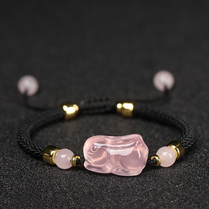 Pink Crystal Zodiac Bracelet: Rose Quartz, Red String Weave, Pig, Ox, Rat, Rabbit Charm - Perfect Gift for Girlfriend or Bestie