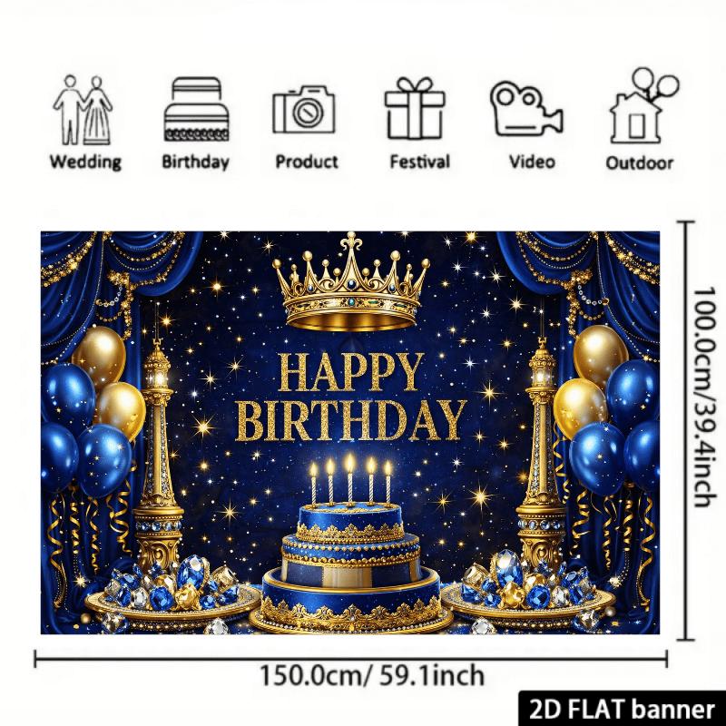 2D flat birthday party banner background - Blue and gold crown theme with blue velvet backdropzyc