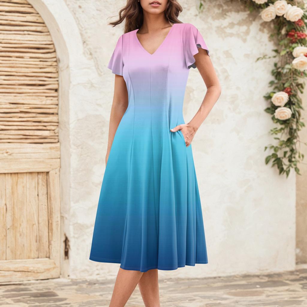 Women's Summer Fashion V-Neck Ruffle Sleeve Retro Elegant Midi Dress