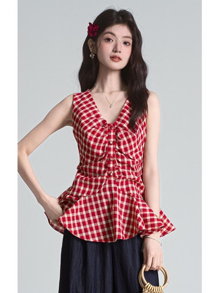 Women's Red Plaid V-Neck Sleeveless Waist-Cinching Pleated Vest - Summer 2026 Chic Style