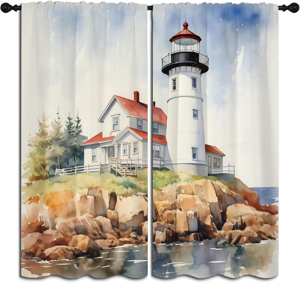 Nautical Lighthouse Rod Pocket Blackout Curta For Boy Girl Bedroom, Waves Seagull Blue Watercolor Art Thermal Insulated Home