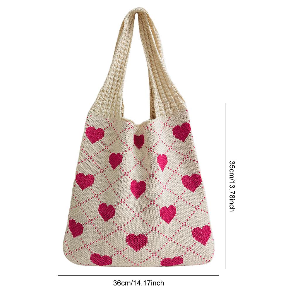 Crochet Tote Bag for Women Heart Pattern Summer Beach Bag Large Capacity Handbag for Vacation Travel