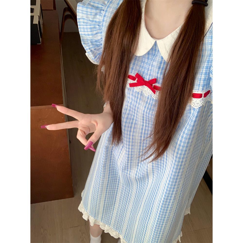 

Французское маленькое ароматное платье с синей клеткой, с маленькими рукавами-крылышками, женское летнее, для девочки, новое, с маленьким кукольным воротничком, юбка XL- (recommended 110-60kg)