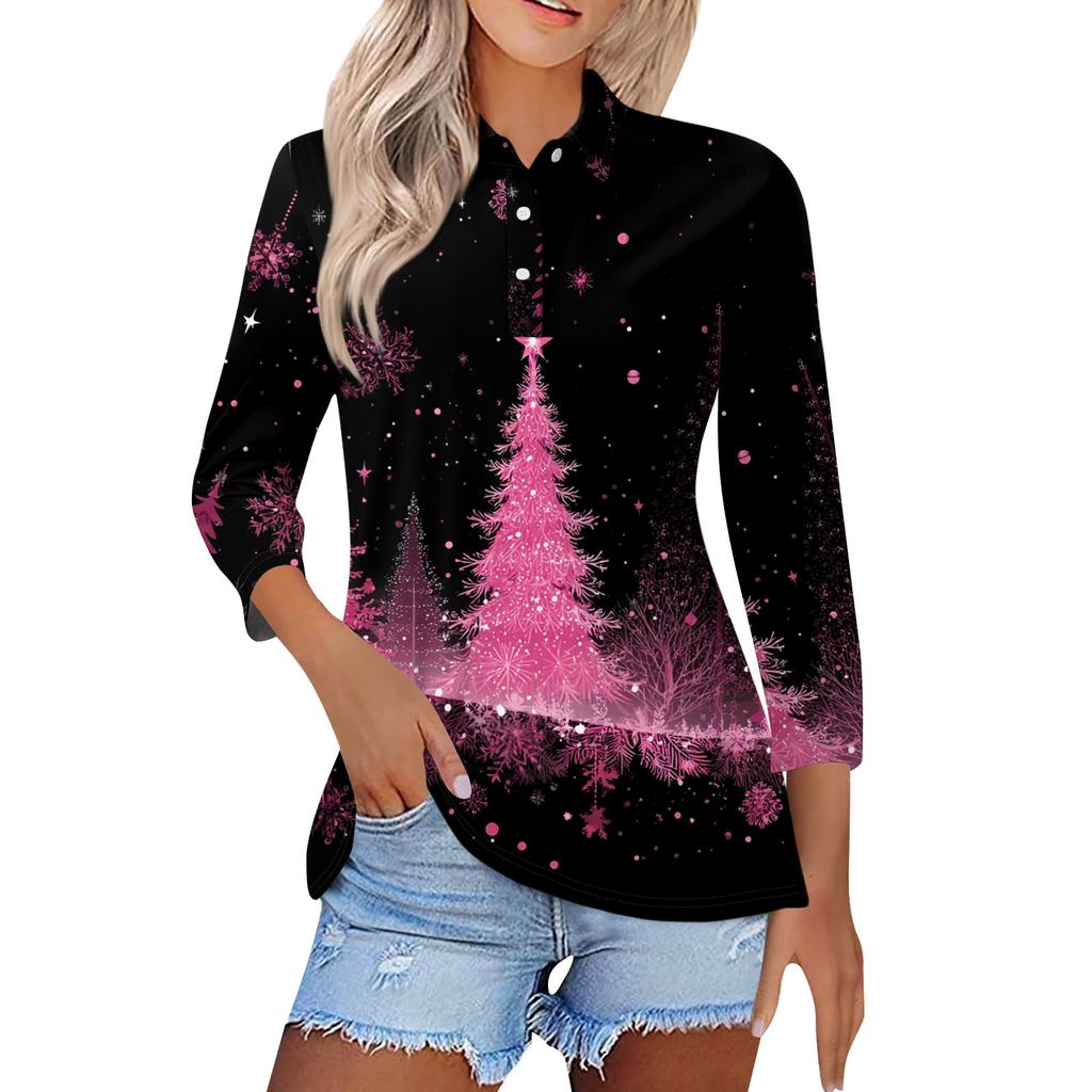 Mote dame casual revers kort 3/4 ermet juleprint skjorte dame knapp opp topper