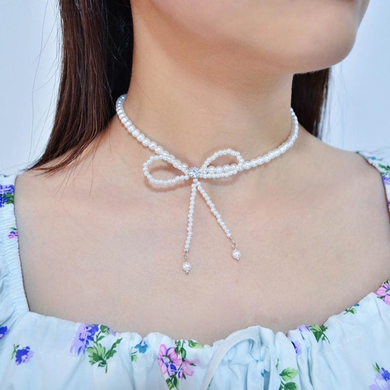 Bowknot Neckchain Girl Simple Imitation Pearls Choker Chain Aesthetic Jewellery